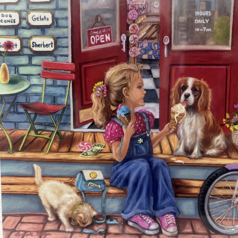 Bits & Pieces Jigsaw Puzzle Payday Comes 1000 Pieces 20"x27" Girl Dog Cat Candy